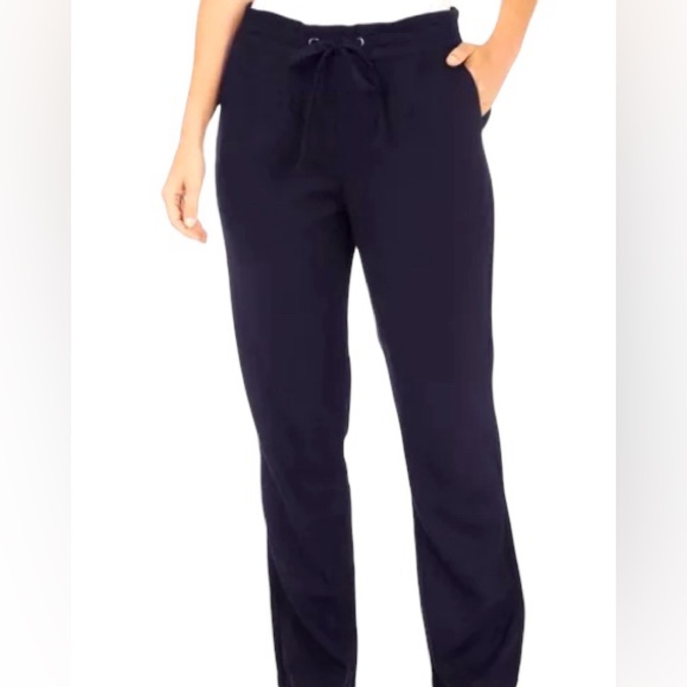 🍀NWT Women’s Solid Pull On Drawstring Soft Linen Pants Navy Blue